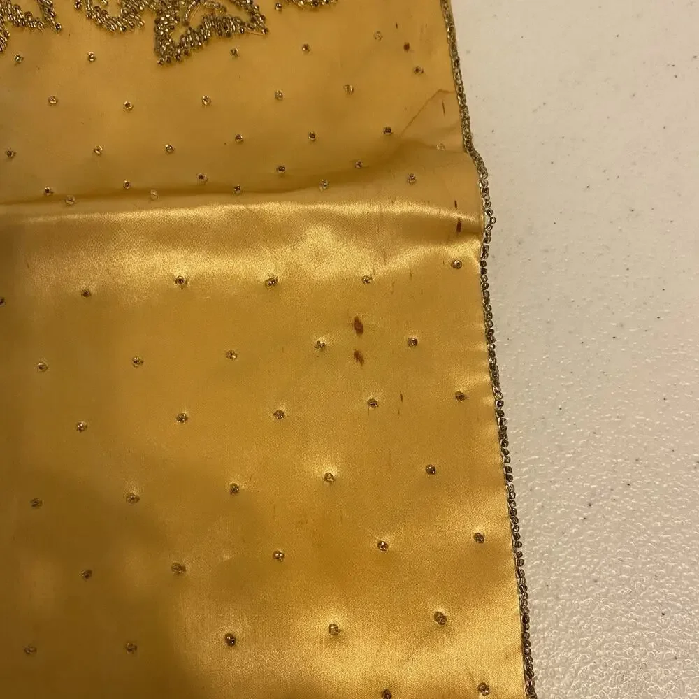 Vintage Japanese La Royal Product Long Wallet Silk Beaded Yellow Gold Asian Core